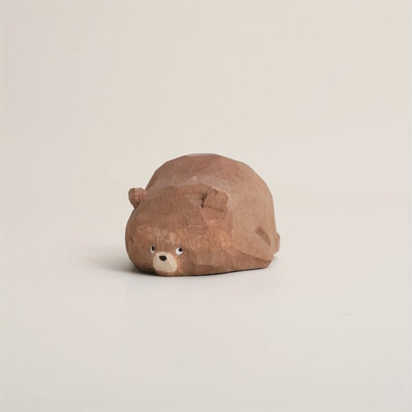 Hand-Chiseled Sleepy Bear Statues - Minimalist Wood Carving for Desk & Monitor Decor