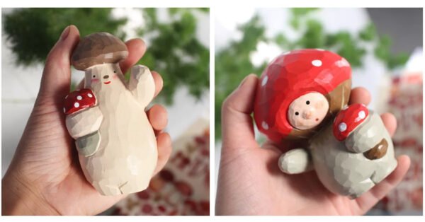 The Mushroom Wanderer - Artisan Hand-Carved Wooden Figurine with Red Balloon, Whimsical Fairytale Decor & Gift Box