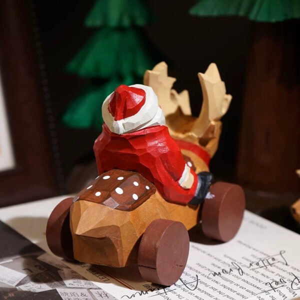 The Joyful Journey: Hand-Carved Wooden Santa on Reindeer Cart – Whimsical Christmas Decor