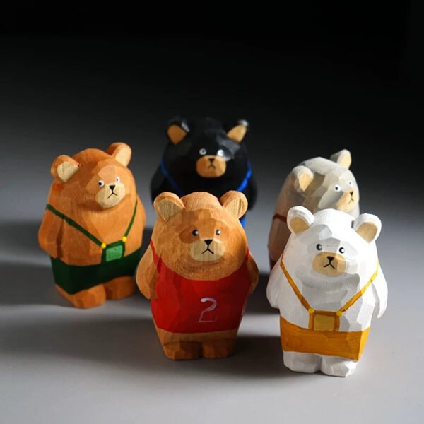 Sporty Bear Squad - Hand-Carved Wooden Athletes for Vibrant Desk & Car Decor