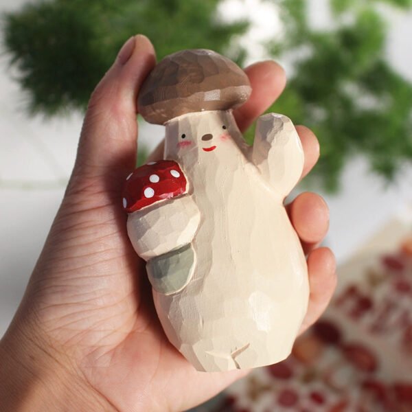 The Mushroom Wanderer - Artisan Hand-Carved Wooden Figurine with Red Balloon, Whimsical Fairytale Decor & Gift Box