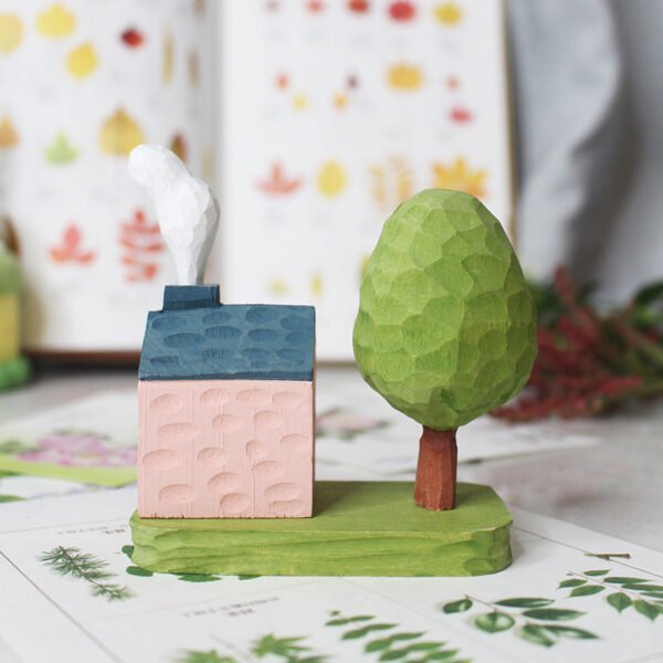 The Cozy Cottage: Hand-Carved Wooden Fairy Tale Cabin with Tree – Whimsical Desktop Decor