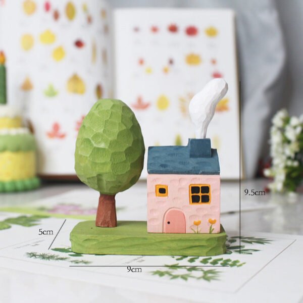 The Cozy Cottage: Hand-Carved Wooden Fairy Tale Cabin with Tree – Whimsical Desktop Decor