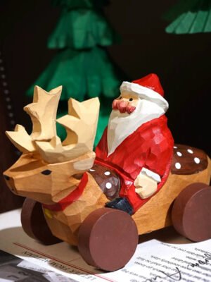 The Joyful Journey: Hand-Carved Wooden Santa on Reindeer Cart – Whimsical Christmas Decor
