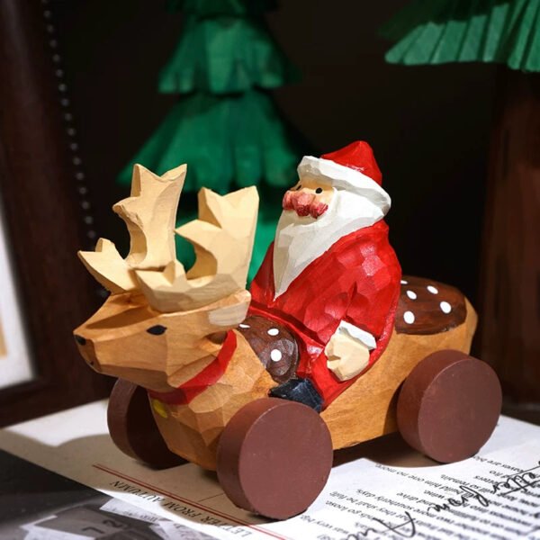 The Joyful Journey: Hand-Carved Wooden Santa on Reindeer Cart – Whimsical Christmas Decor