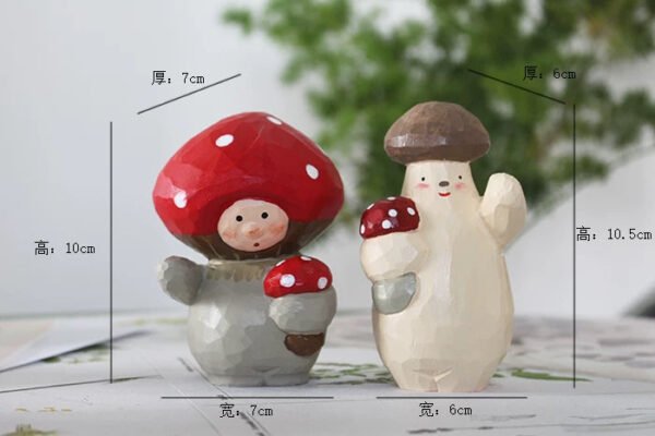 The Mushroom Wanderer - Artisan Hand-Carved Wooden Figurine with Red Balloon, Whimsical Fairytale Decor & Gift Box
