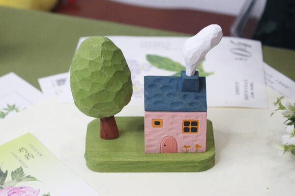 The Cozy Cottage: Hand-Carved Wooden Fairy Tale Cabin with Tree – Whimsical Desktop Decor