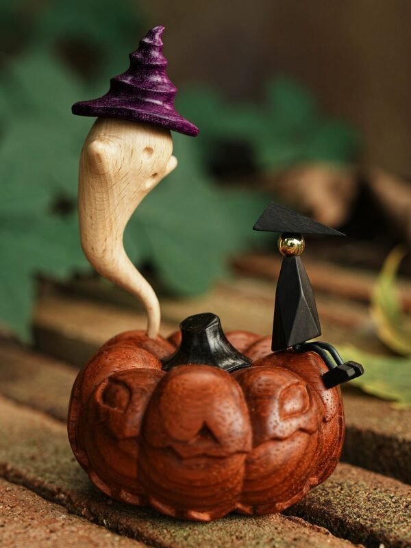 The Traveler’s Dream: Hand-Carved Pumpkin & Ghost Fantasy Sculpture - High-End Solid Wood Desktop Art