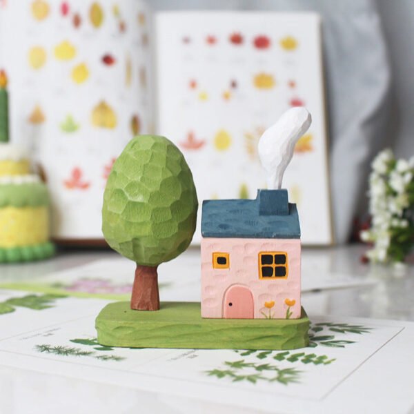 The Cozy Cottage: Hand-Carved Wooden Fairy Tale Cabin with Tree – Whimsical Desktop Decor