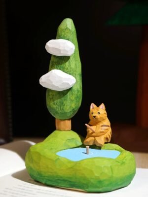 Zen at Walden Pond: Hand-Carved Wooden Fishing Cat Sculpture - Miniature Landscape for Soulful Desk Decor
