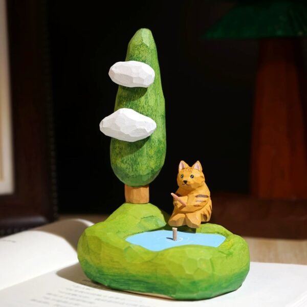 Zen at Walden Pond: Hand-Carved Wooden Fishing Cat Sculpture - Miniature Landscape for Soulful Desk Decor