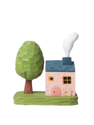 The Cozy Cottage: Hand-Carved Wooden Fairy Tale Cabin with Tree – Whimsical Desktop Decor