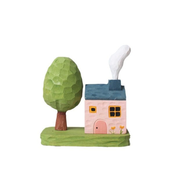 The Cozy Cottage: Hand-Carved Wooden Fairy Tale Cabin with Tree – Whimsical Desktop Decor