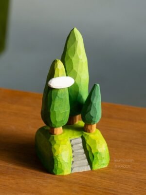 The Silent Forest Path: Hand-Carved Wooden Miniature with Stone Steps - Literary Zen Desktop Scenery