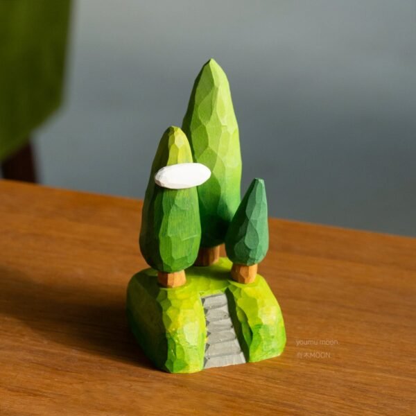 The Silent Forest Path: Hand-Carved Wooden Miniature with Stone Steps - Literary Zen Desktop Scenery