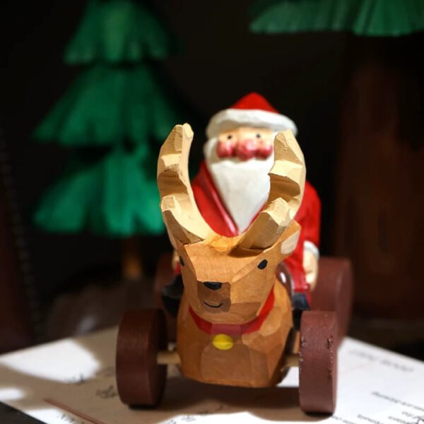 The Joyful Journey: Hand-Carved Wooden Santa on Reindeer Cart – Whimsical Christmas Decor