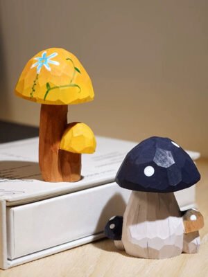 The Enchanted Fungi: Hand-Carved Wooden Mushroom Duo - Whimsical Forest Art for Creative Desks