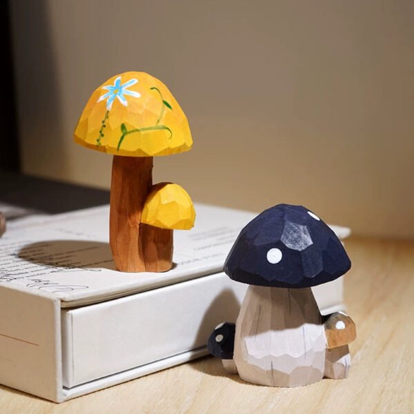 The Enchanted Fungi: Hand-Carved Wooden Mushroom Duo - Whimsical Forest Art for Creative Desks