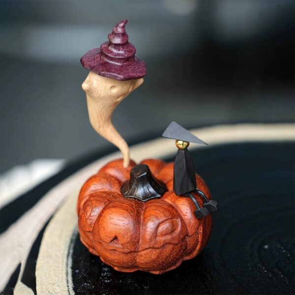 The Traveler’s Dream: Hand-Carved Pumpkin & Ghost Fantasy Sculpture - High-End Solid Wood Desktop Art