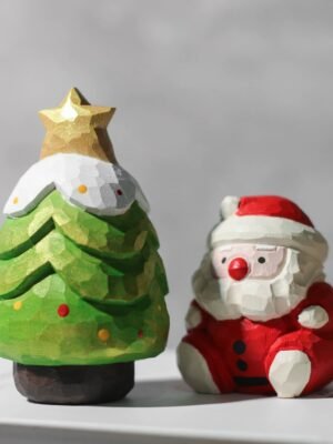 The Christmas Story: Hand-Carved Wooden Santa & Snowy Tree - Artisan Festive Desktop Decor