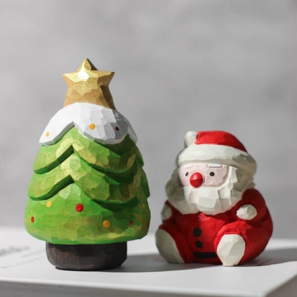 The Christmas Story: Hand-Carved Wooden Santa & Snowy Tree - Artisan Festive Desktop Decor