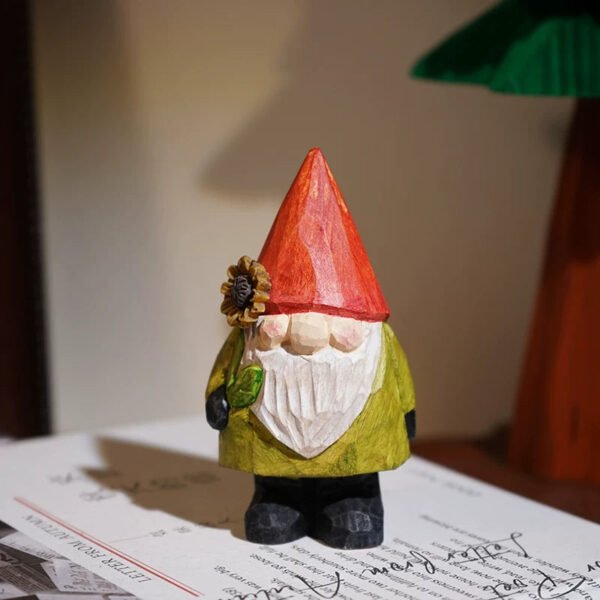 The Harvest Gnomes: Hand-Carved Wooden Forest Spirits – Red Hat Goblin (green clothes take green leaves)