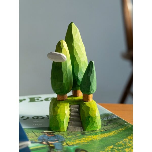 The Silent Forest Path: Hand-Carved Wooden Miniature with Stone Steps - Literary Zen Desktop Scenery