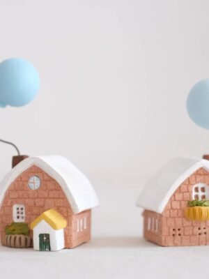 The Dreamer's Village: Hand-Sculpted Miniature Clay Cottages – Blue balloon small house