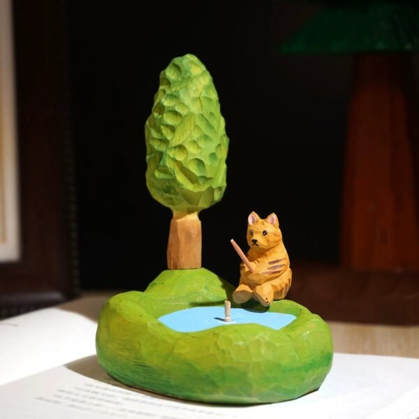 Zen at Walden Pond: Hand-Carved Wooden Fishing Cat Sculpture - Miniature Landscape for Soulful Desk Decor