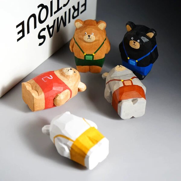Sporty Bear Squad - Hand-Carved Wooden Athletes for Vibrant Desk & Car Decor