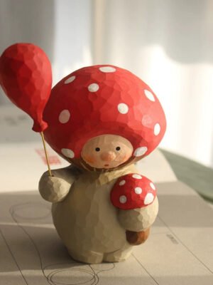 The Mushroom Wanderer - Artisan Hand-Carved Wooden Figurine with Red Balloon, Whimsical Fairytale Decor & Gift Box