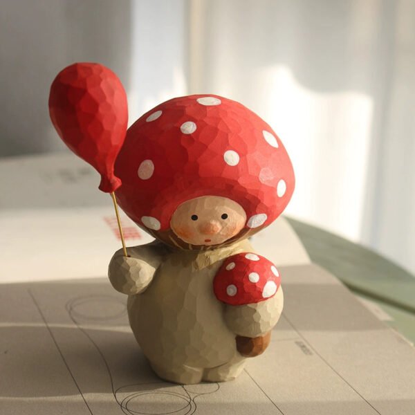 The Mushroom Wanderer - Artisan Hand-Carved Wooden Figurine with Red Balloon, Whimsical Fairytale Decor & Gift Box