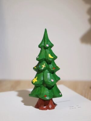 The Winter Evergreen: Hand-Carved Wooden Cedar Tree – Star and Moon Little Pine Tree