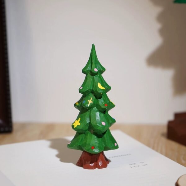 The Winter Evergreen: Hand-Carved Wooden Cedar Tree – Star and Moon Little Pine Tree