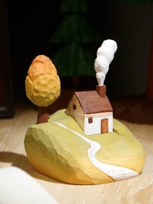Hometown Whispers: Hand-Carved Wooden Cottage Miniature - Healing Pastoral Scene for Zen Desktop Decor