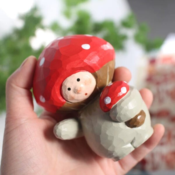 The Mushroom Wanderer - Artisan Hand-Carved Wooden Figurine with Red Balloon, Whimsical Fairytale Decor & Gift Box